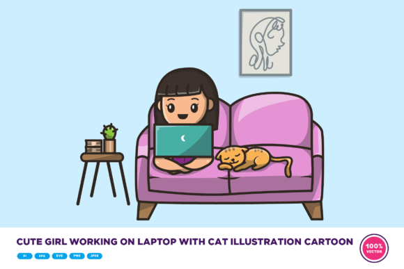 Cute Girl Working on Laptop with Cat Embroidery Review