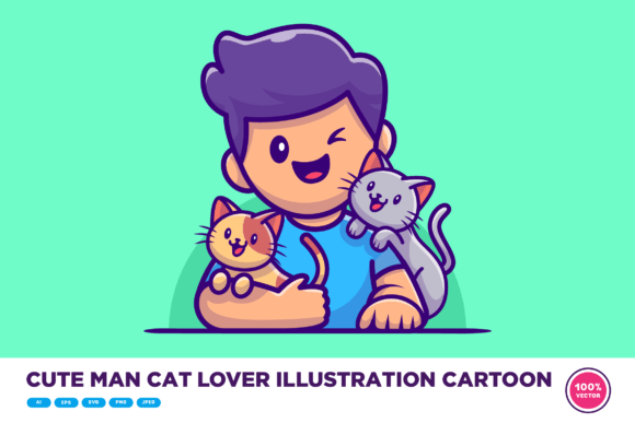 Cute Man Cat Lover Illustration for Embroidery