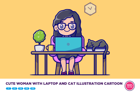 Cute Woman with Laptop and Cat Cartoon Review